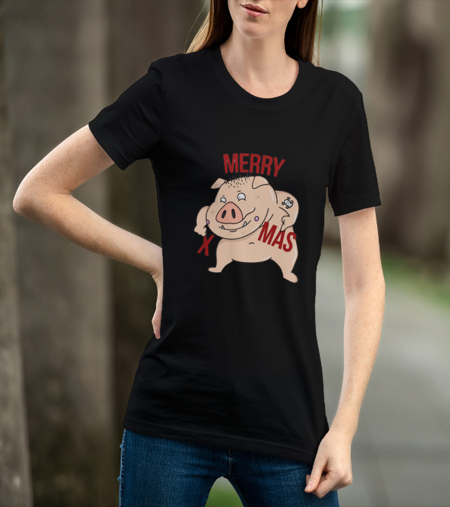 Merry Xmas Pig With Bone Tattoo T-Shirt