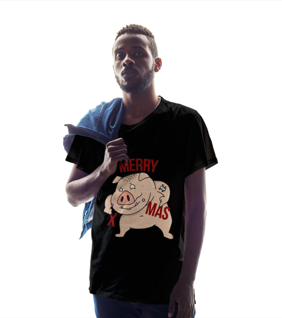 Merry Xmas Pig With Bone Tattoo T-Shirt