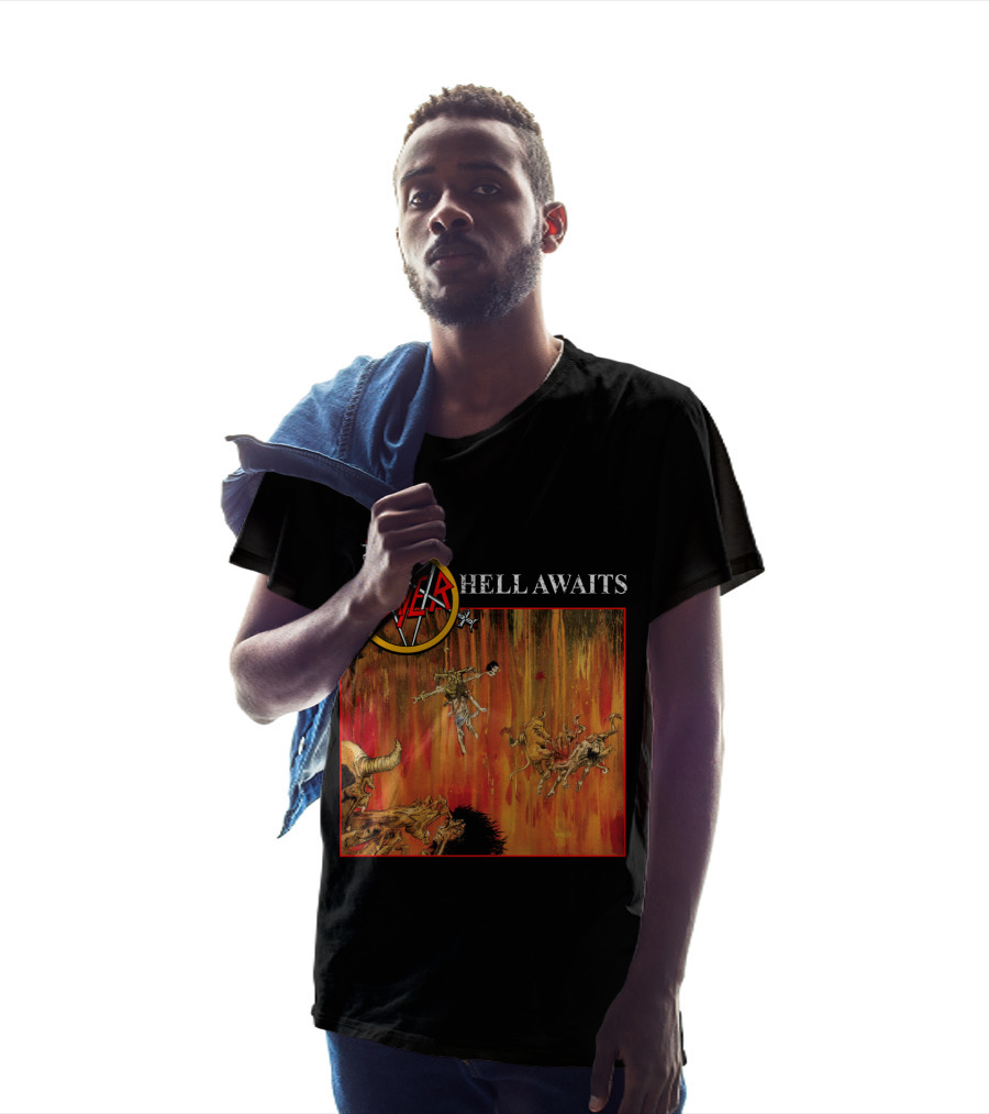 Slayer Hell Awaits Logo With Demonic Falling Figures And Fiery Scene T-Shirt
