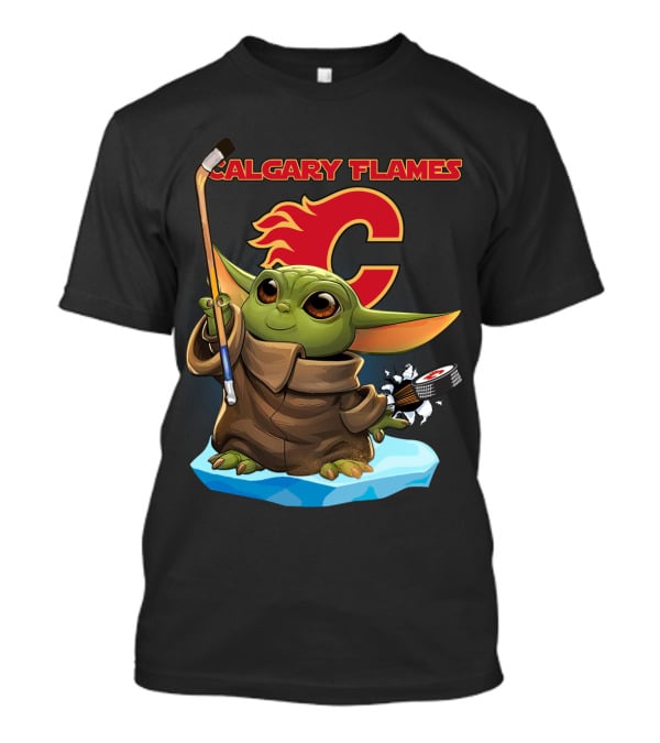 Calgary Flames Baby Yoda Nhl Hockey Crossover T-Shirt