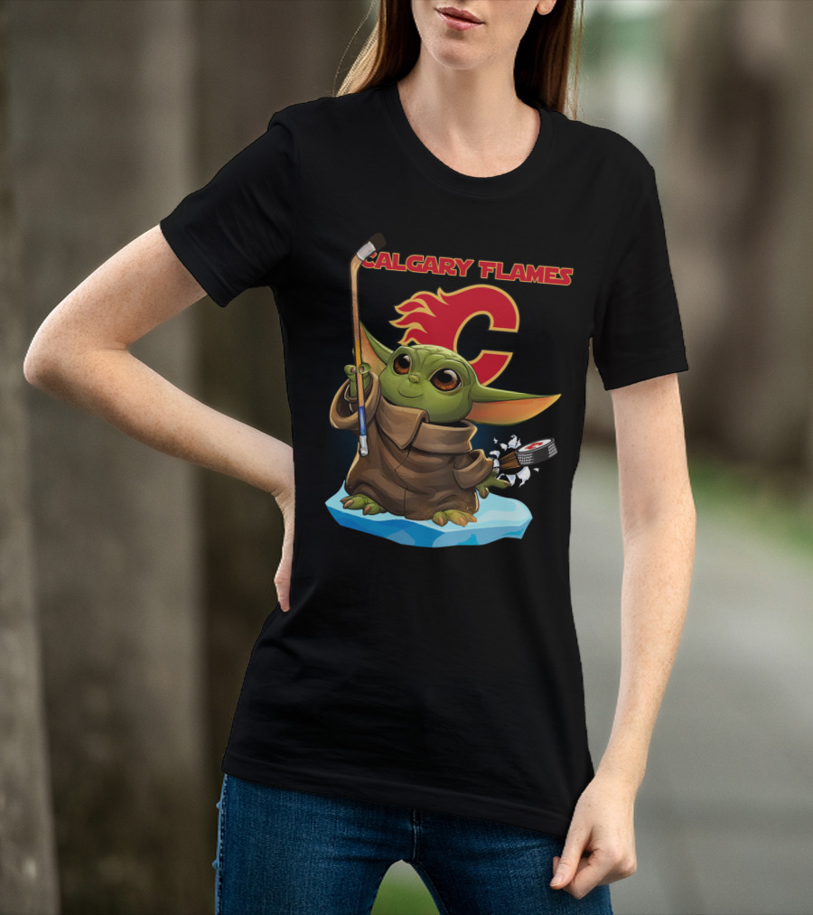 Calgary Flames Baby Yoda Nhl Hockey Crossover T-Shirt