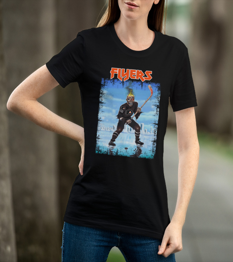 Flyers Hockey Demon With Flaming Head And Stick In Ice City Background T-Shirt
