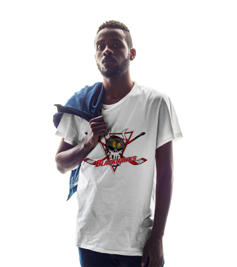 Chicago Blackhawks Skull With Hockey Sticks And Horned Helmet T-Shirt