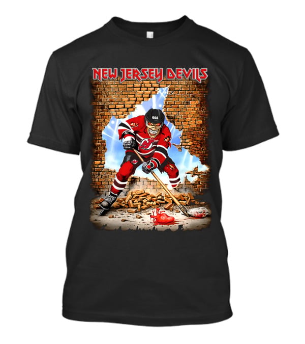 New Jersey Devils Skeleton Hockey Player Smash Brick Wall T-Shirt