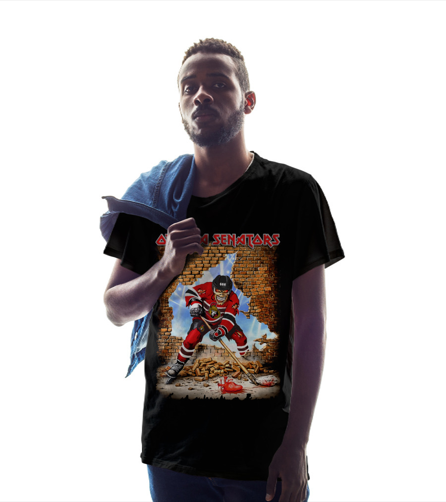 Ottawa Senators Hockey Skeleton Breaking Wall With 666 Helmet T-Shirt