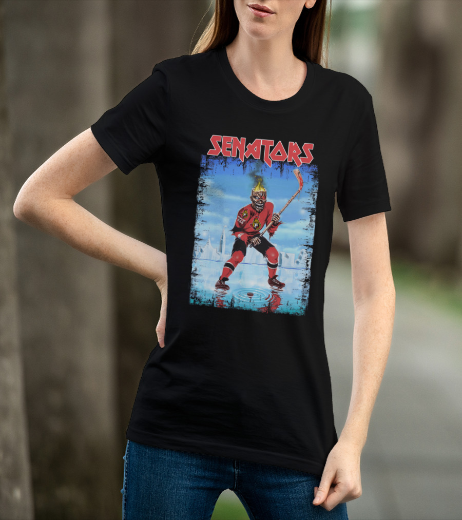 Senators Hockey Skeleton With Flaming Head And Hockey Stick T-Shirt
