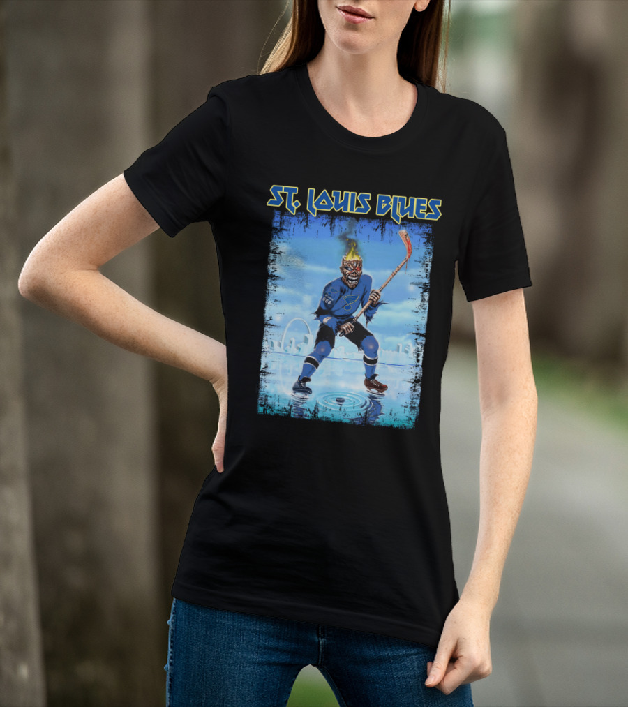 ST. LOUIS BLUES Hockey Player With Fiery Head And Ice Arena Background T-Shirt