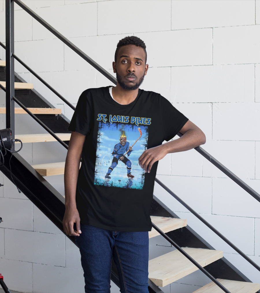 ST. LOUIS BLUES Hockey Player With Fiery Head And Ice Arena Background T-Shirt
