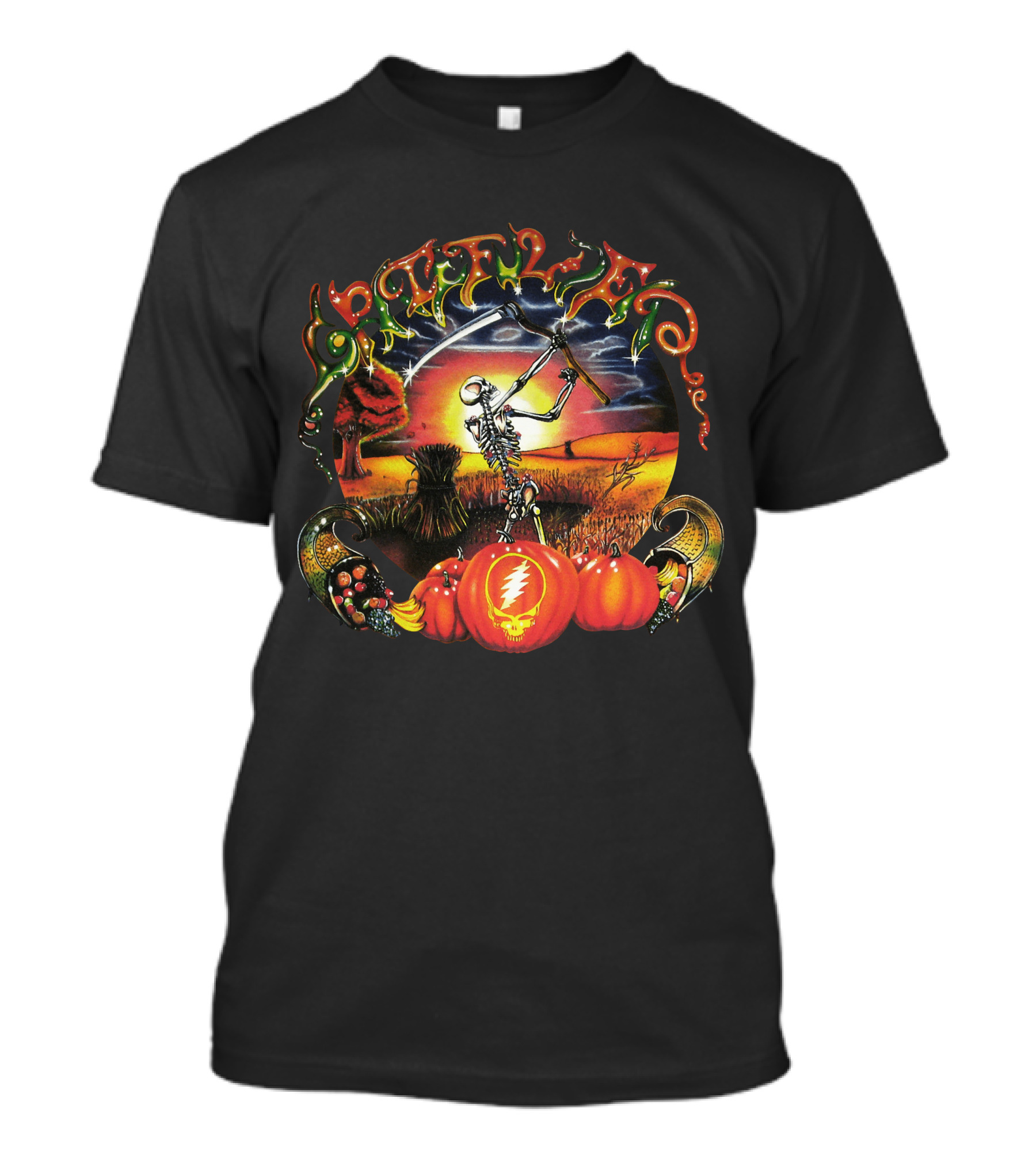 Grateful Dead Autumn Harvest Skeleton With Scythe And Pumpkins T-Shirt