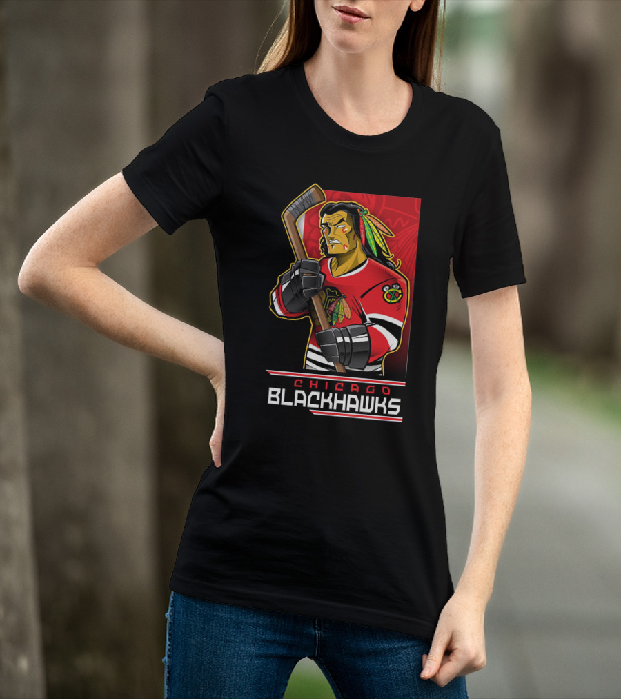 Chicago Blackhawks Hockey Player With Logo And Feathered Headdress T-Shirt