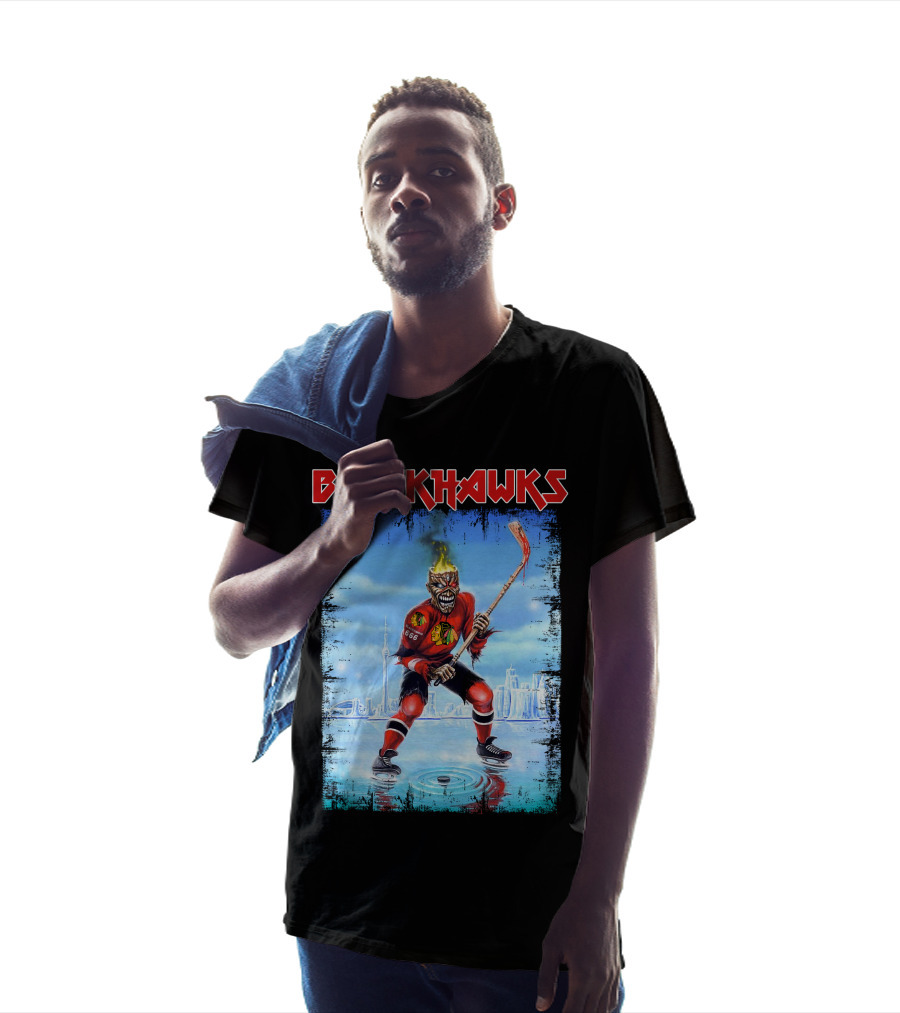 Blackhawks Hockey Player With Fiery Head And Stick T-Shirt