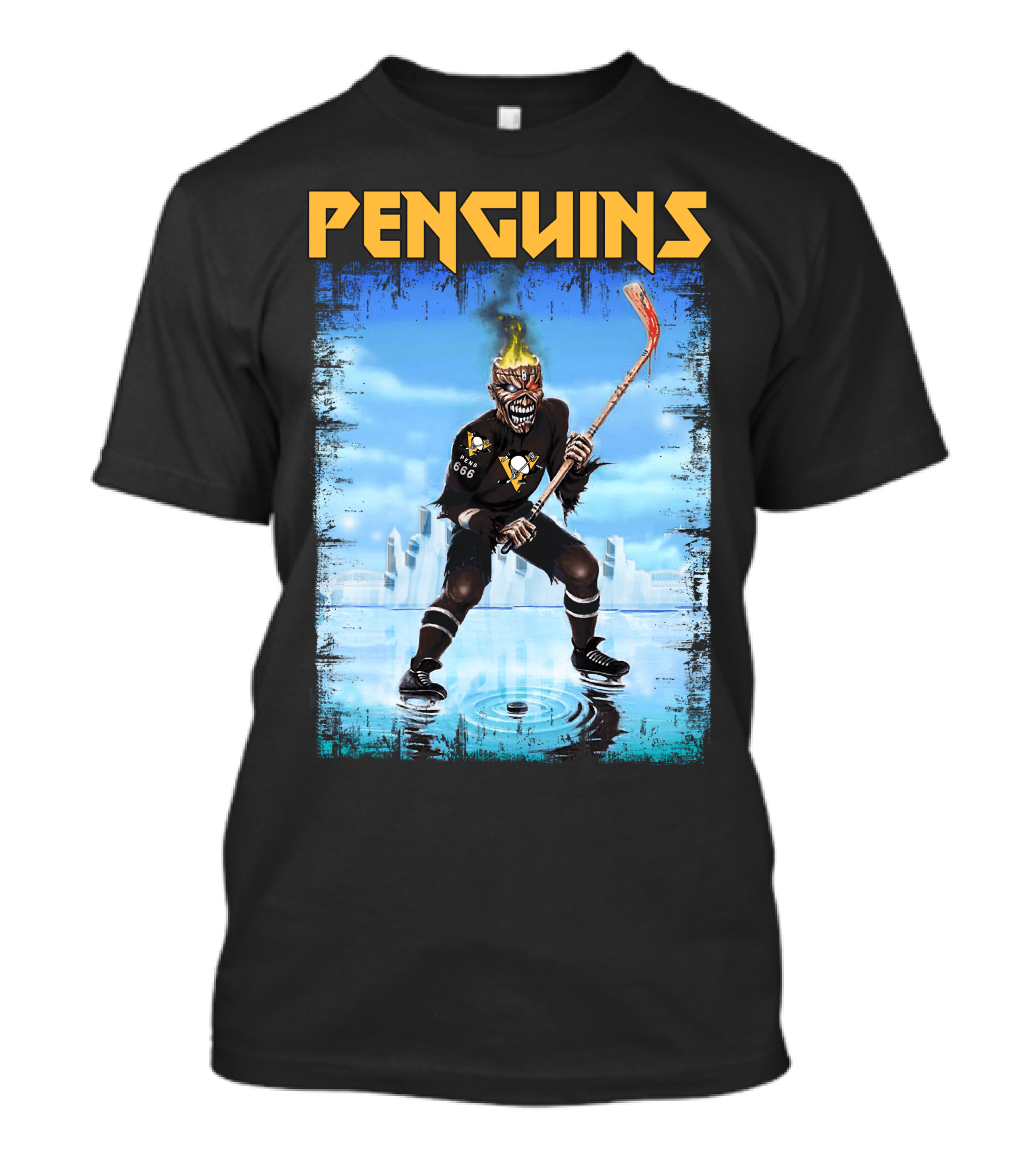 Penguins Hockey Skeleton With Flaming Skull And Hockey Stick In Pittsburgh Skyline T-Shirt