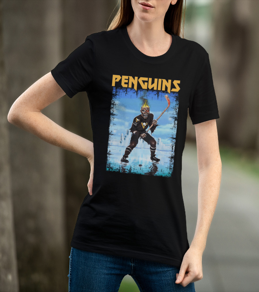 Penguins Hockey Skeleton With Flaming Skull And Hockey Stick In Pittsburgh Skyline T-Shirt