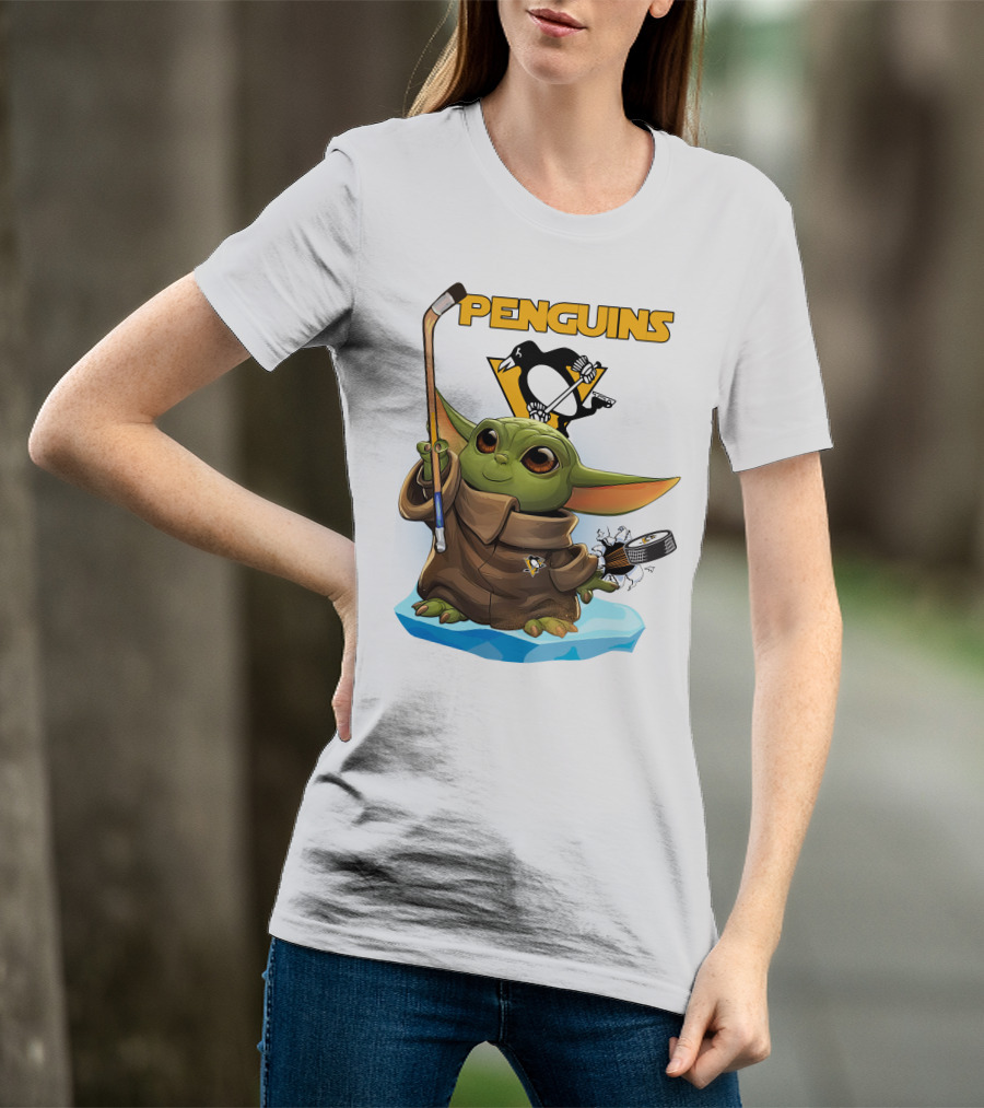 Baby Yoda Holding Hockey Stick With Pittsburgh Penguins T-Shirt