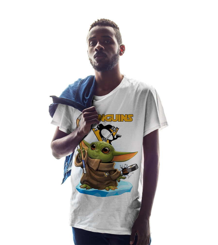 Baby Yoda Holding Hockey Stick With Pittsburgh Penguins T-Shirt