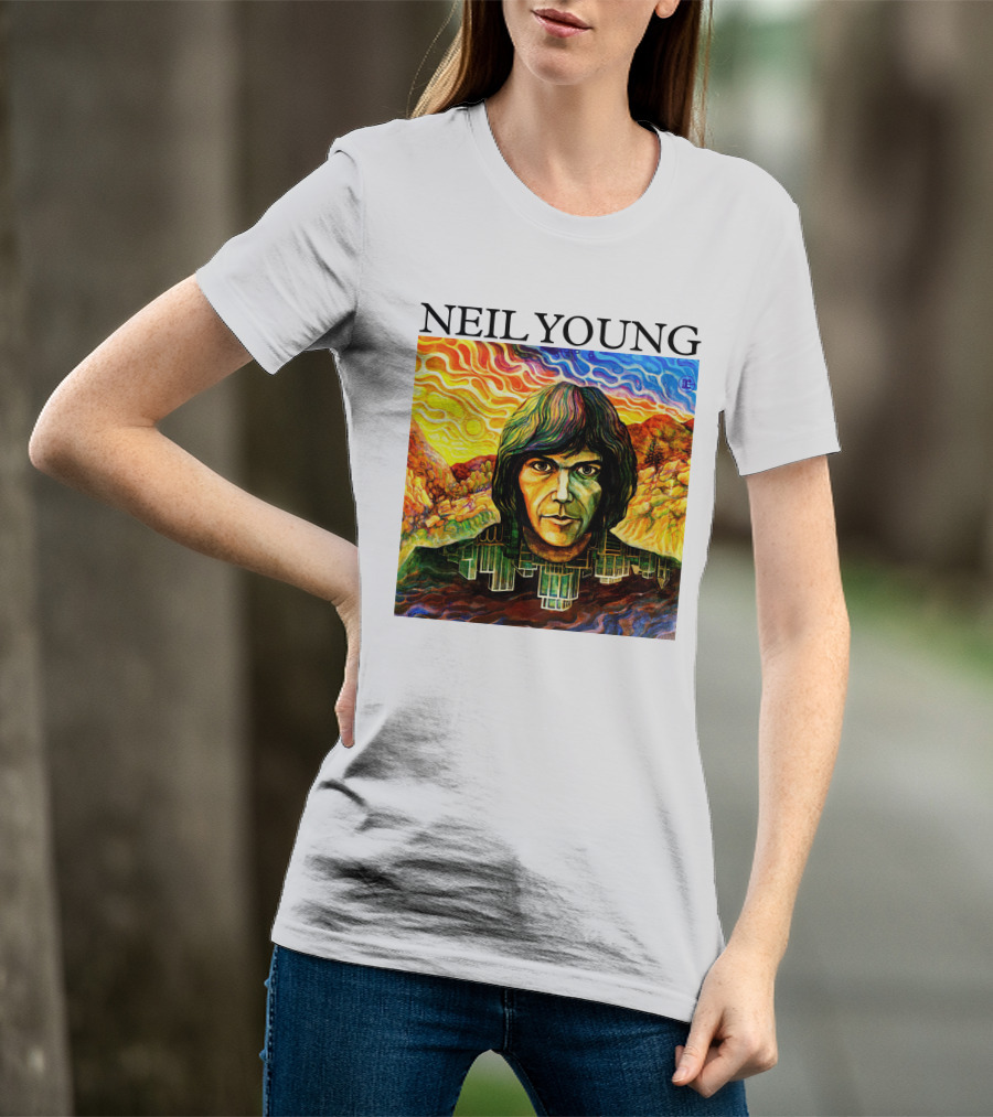 Neil Young Vibrant Portrait And Cityscape Fusion T-Shirt