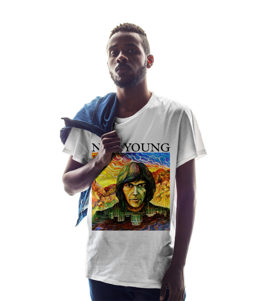 Neil Young Vibrant Portrait And Cityscape Fusion T-Shirt