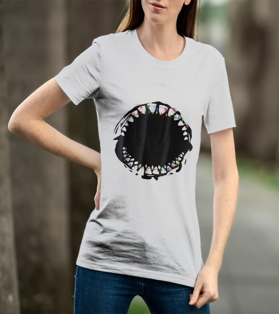 Shark Face With Christmas Lights Xmas Shark T-Shirt