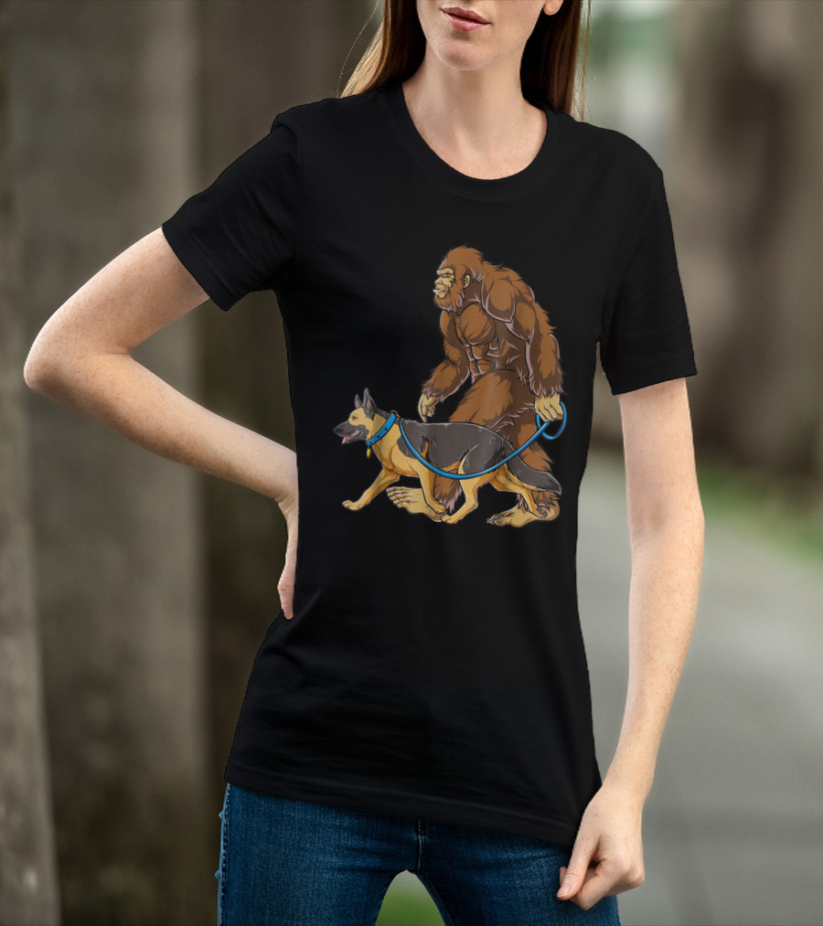Bigfoot Sasquatch Walking German Shepherd Dog For Kids And Men T-Shirt