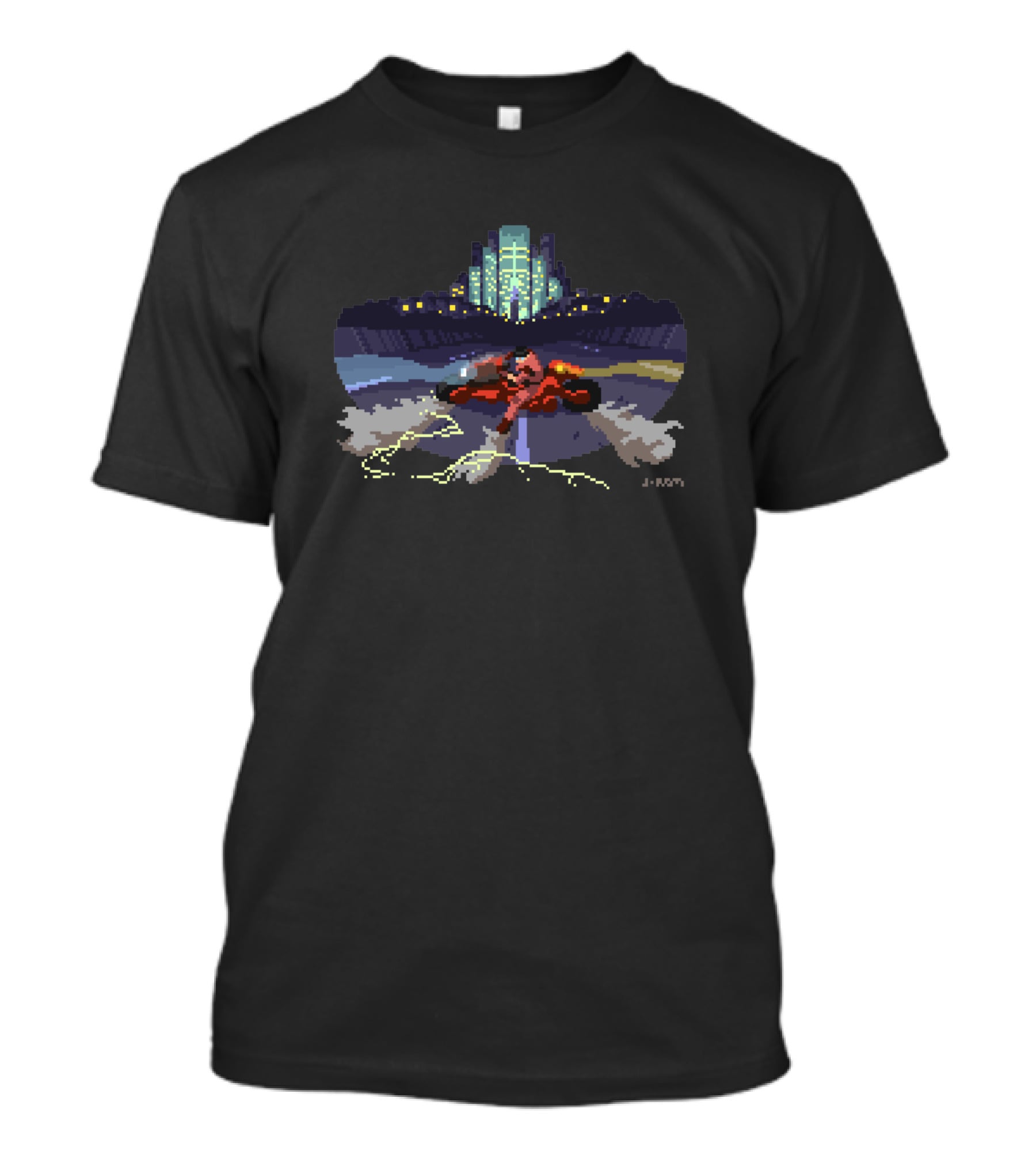 Akira 894351 Kaneda's Bike Cyberpunk Neon Cityscape Pixel T-Shirt