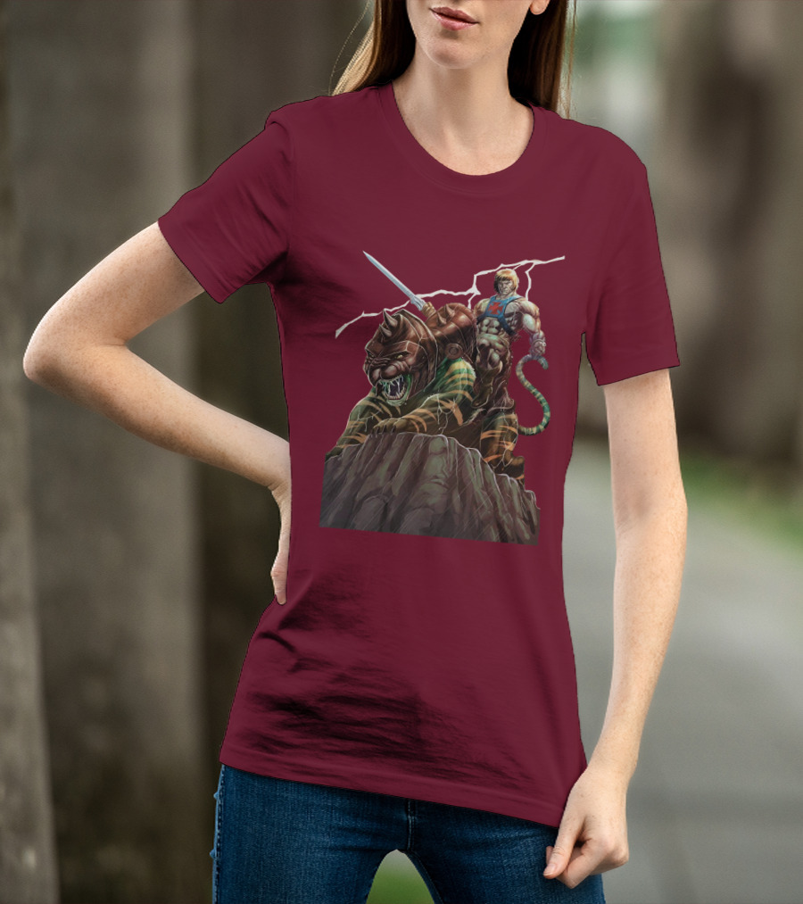 He Man Masters Of The Universe Sword And Battle Cat On Cliff With Lightning T-Shirt