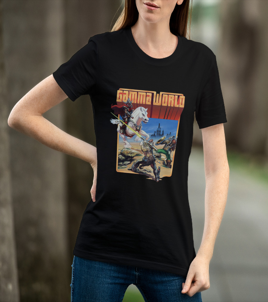 Gamma World Adventure Battle Scene With Futuristic Warriors And White Horse T-Shirt