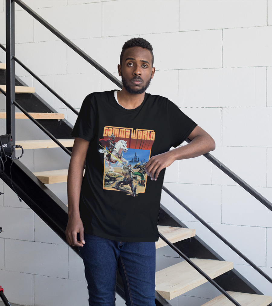 Gamma World Adventure Battle Scene With Futuristic Warriors And White Horse T-Shirt