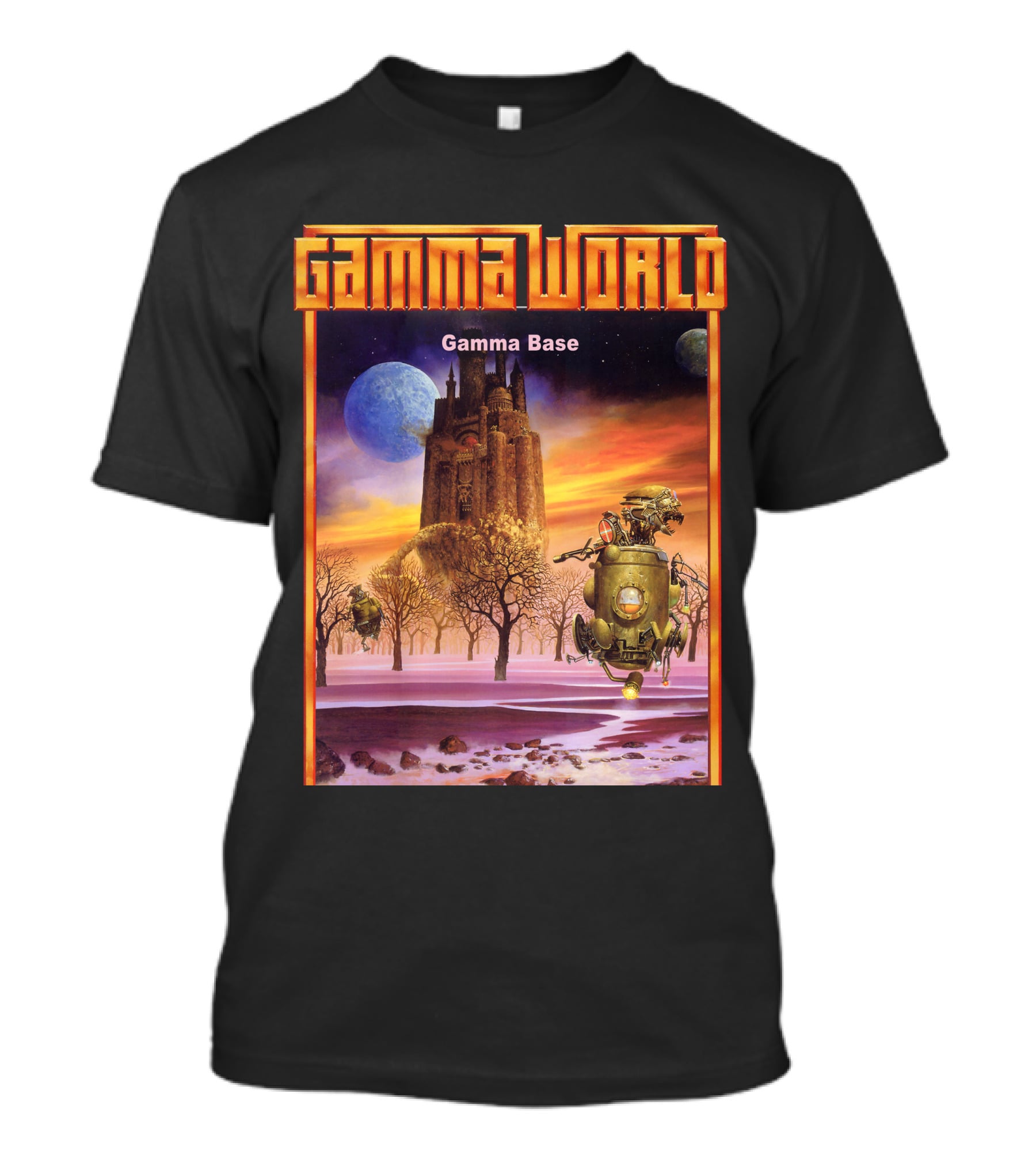 Gamma World Gamma Base Futuristic Castle With Robot On Alien Landscape T-Shirt