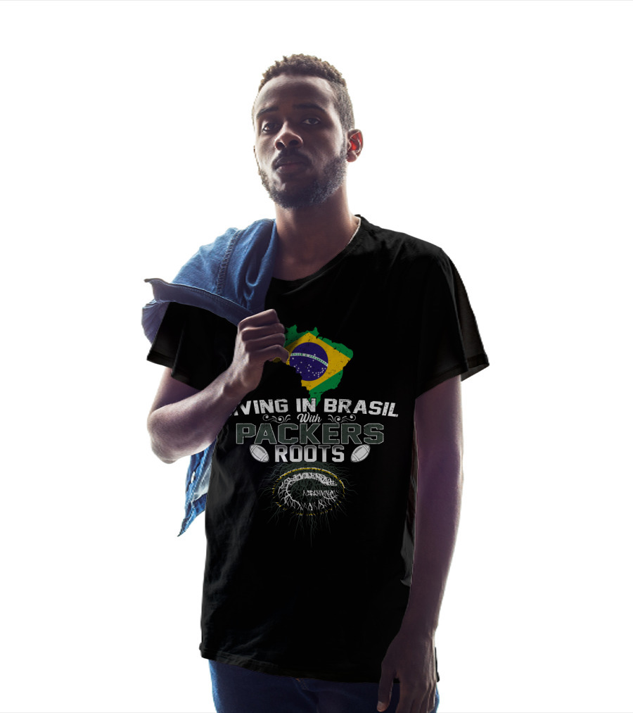 Living In Brasil With Packers Roots Featuring Brazil Flag And Football Motif T-Shirt