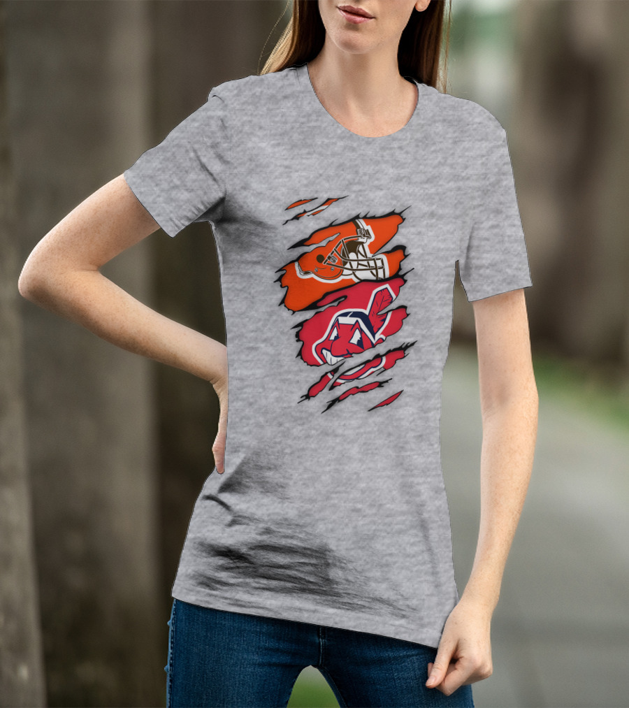 Cleveland Indians Browns Football Helmet Chief Wahoo Torn Rip T-Shirt