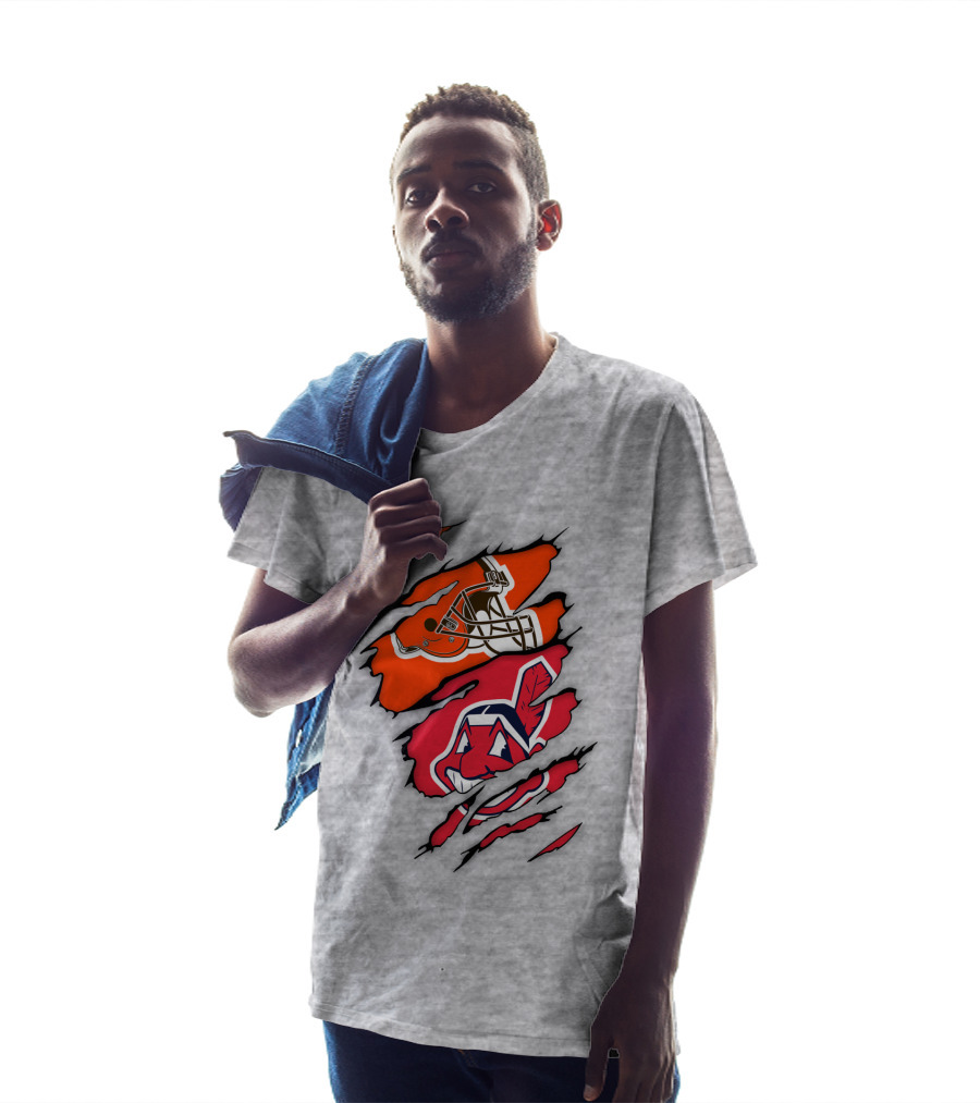 Cleveland Indians Browns Football Helmet Chief Wahoo Torn Rip T-Shirt
