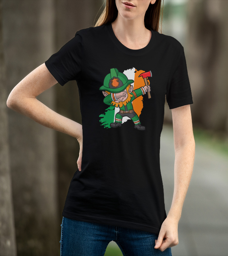 Leprechaun Dabbing Firefighter Irish Flag Background T-Shirt