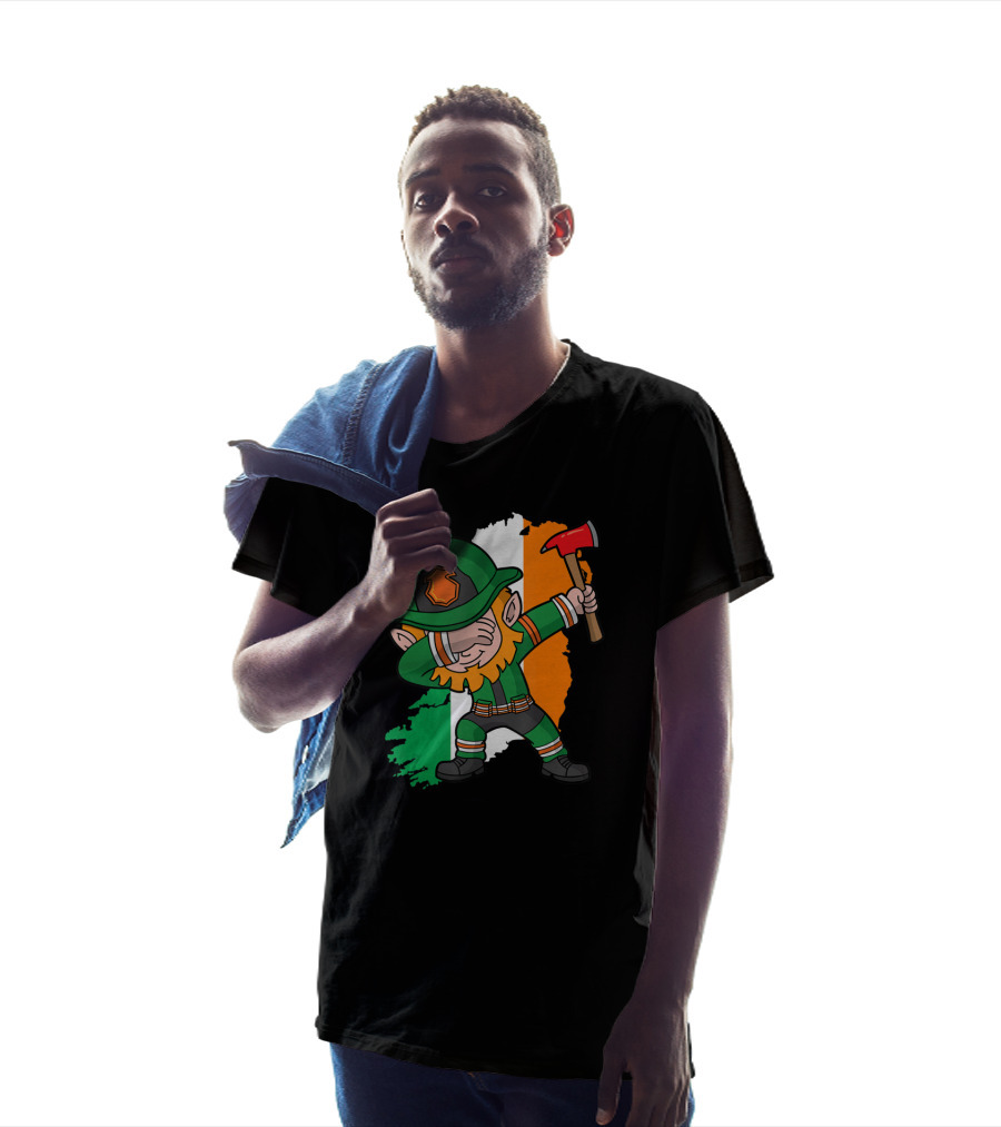 Leprechaun Dabbing Firefighter Irish Flag Background T-Shirt