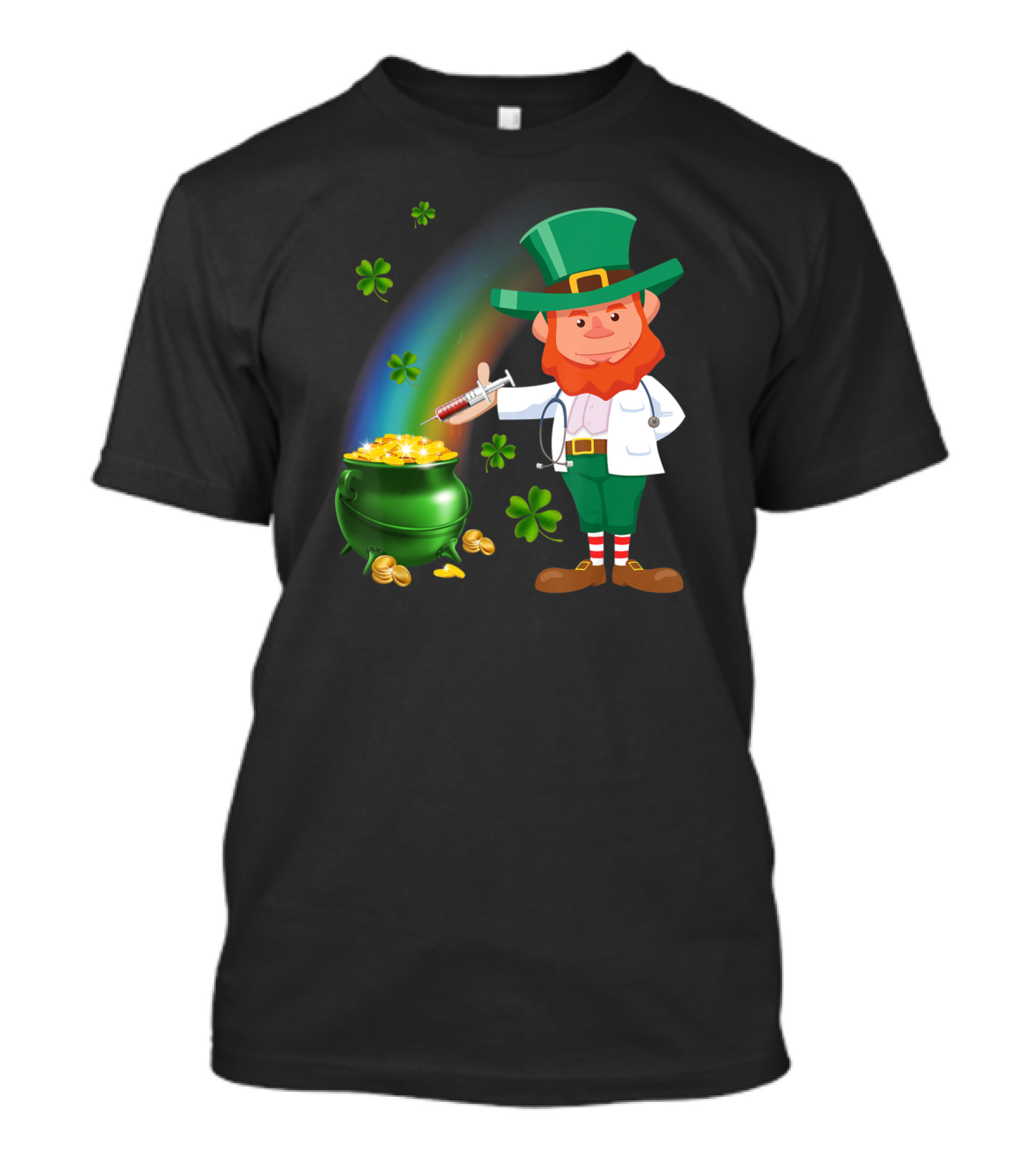 Leprechaun With Stethoscope And Syringe By Pot Of Gold And Rainbow T-Shirt