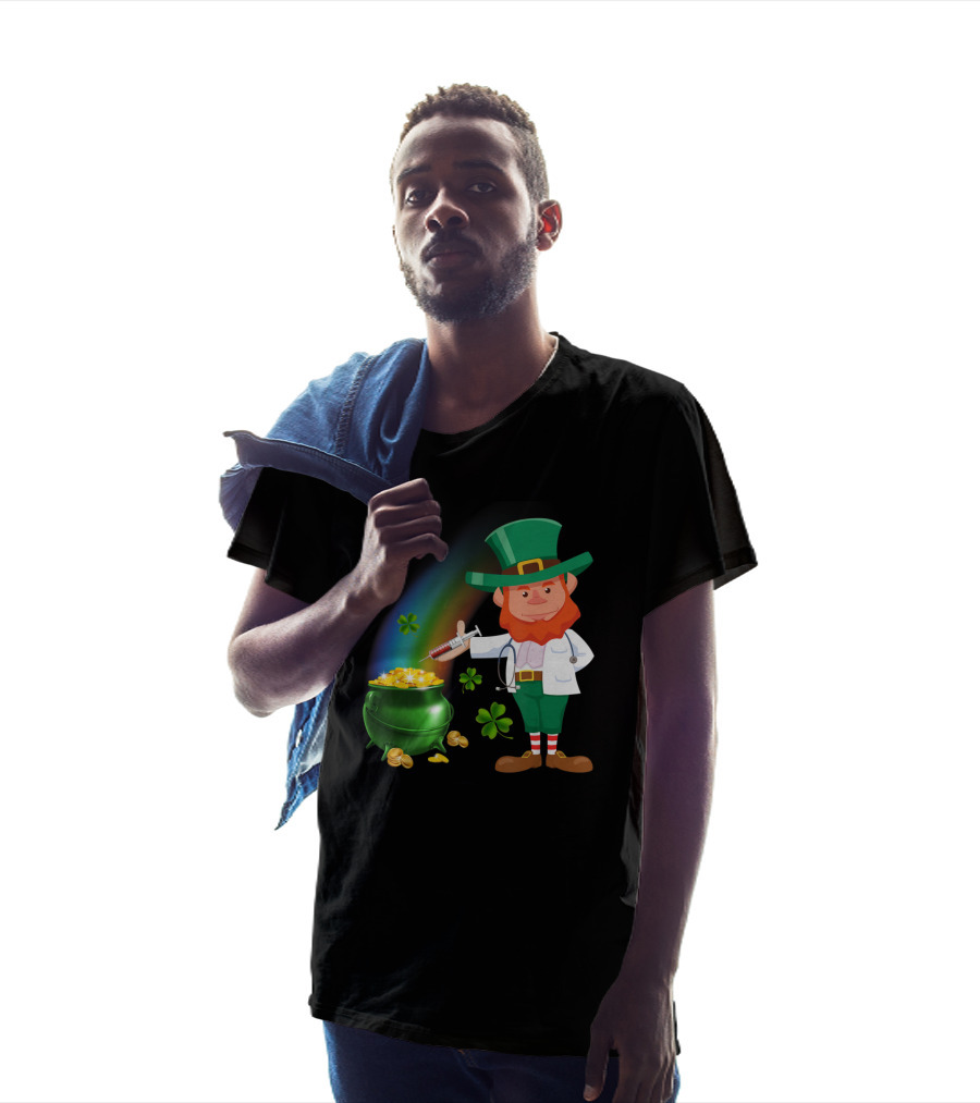 Leprechaun With Stethoscope And Syringe By Pot Of Gold And Rainbow T-Shirt