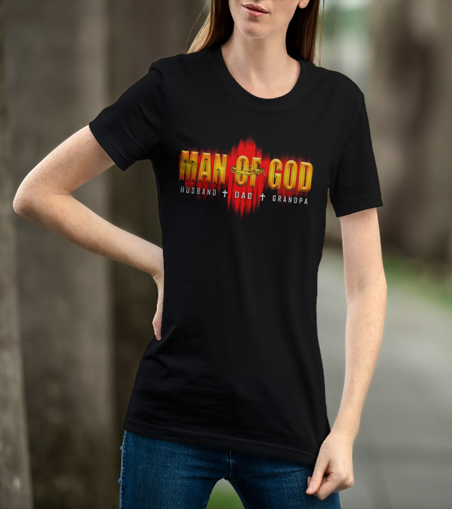Man Of God Husband Dad Grandpa Cross Crown T-Shirt