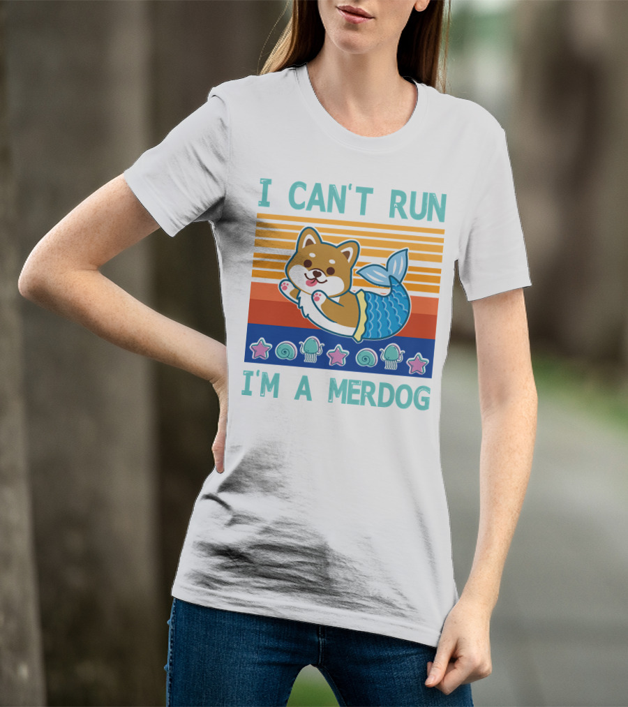 Mermaid Corgi I Can't Run I'm A Merdog With Starfish And Seashells T-Shirt