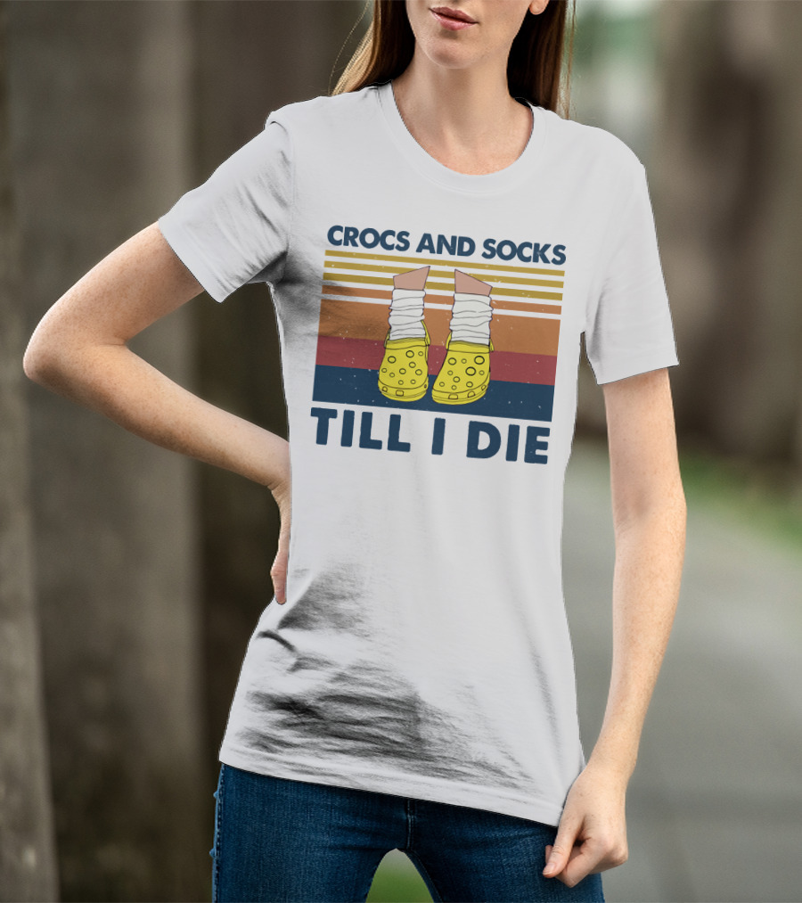 Crocs And Socks Till I Die Yellow Footwear Retro Stripes T-Shirt