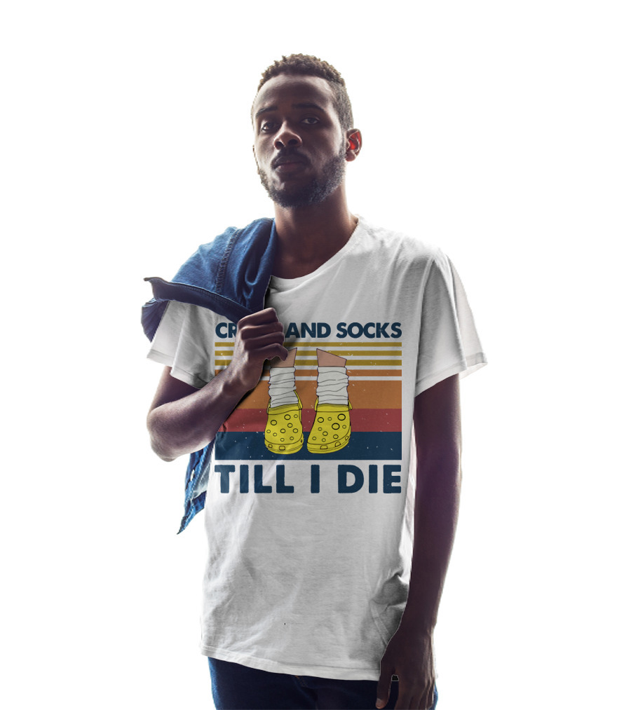 Crocs And Socks Till I Die Yellow Footwear Retro Stripes T-Shirt
