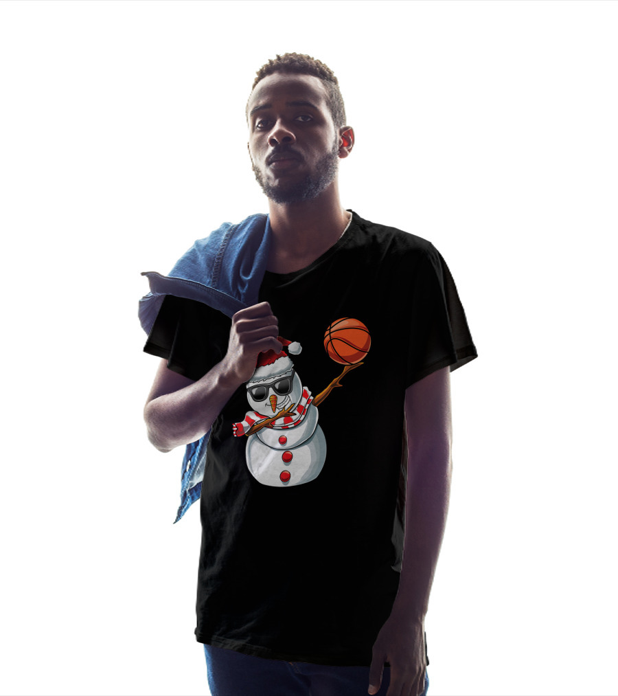 Christmas Snowman Dabbing Basketball Santa Scarf Glasses T-Shirt
