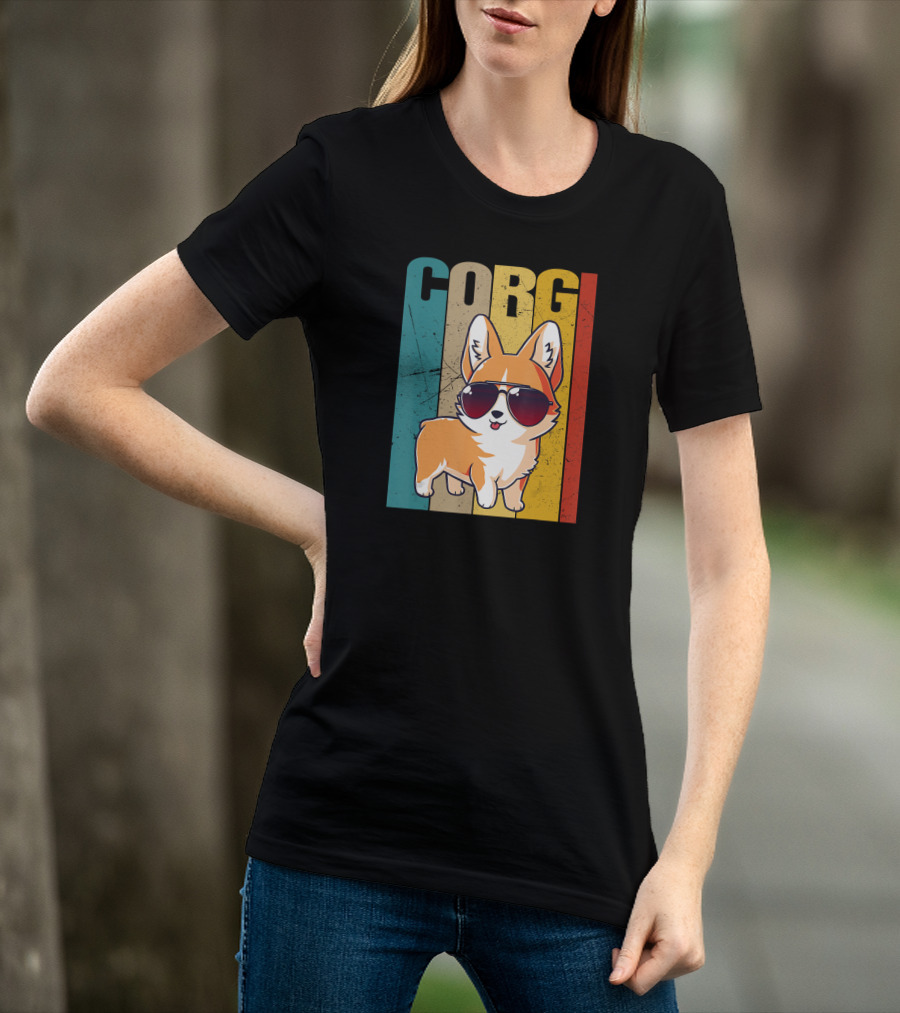 Corgi With Sunglasses Retro Stripes T-Shirt
