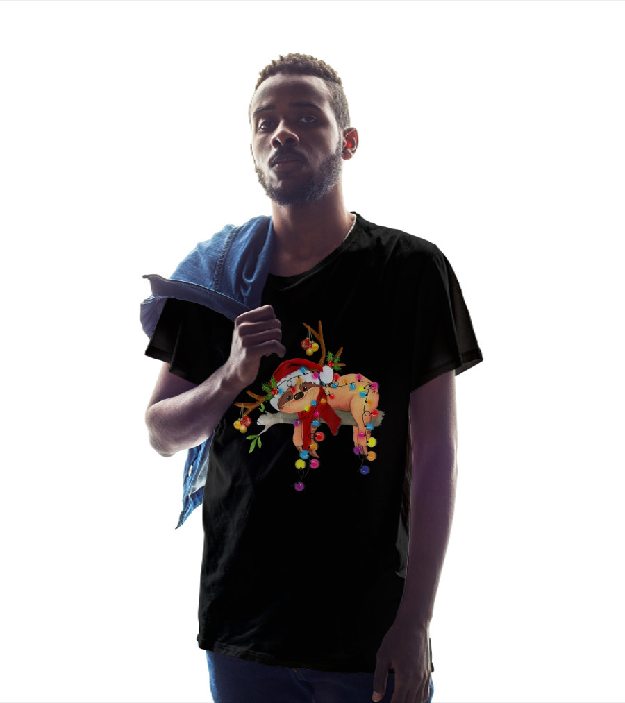 Santa Sloth With Gorgeous Reindeer Antlers And Christmas Lights T-Shirt