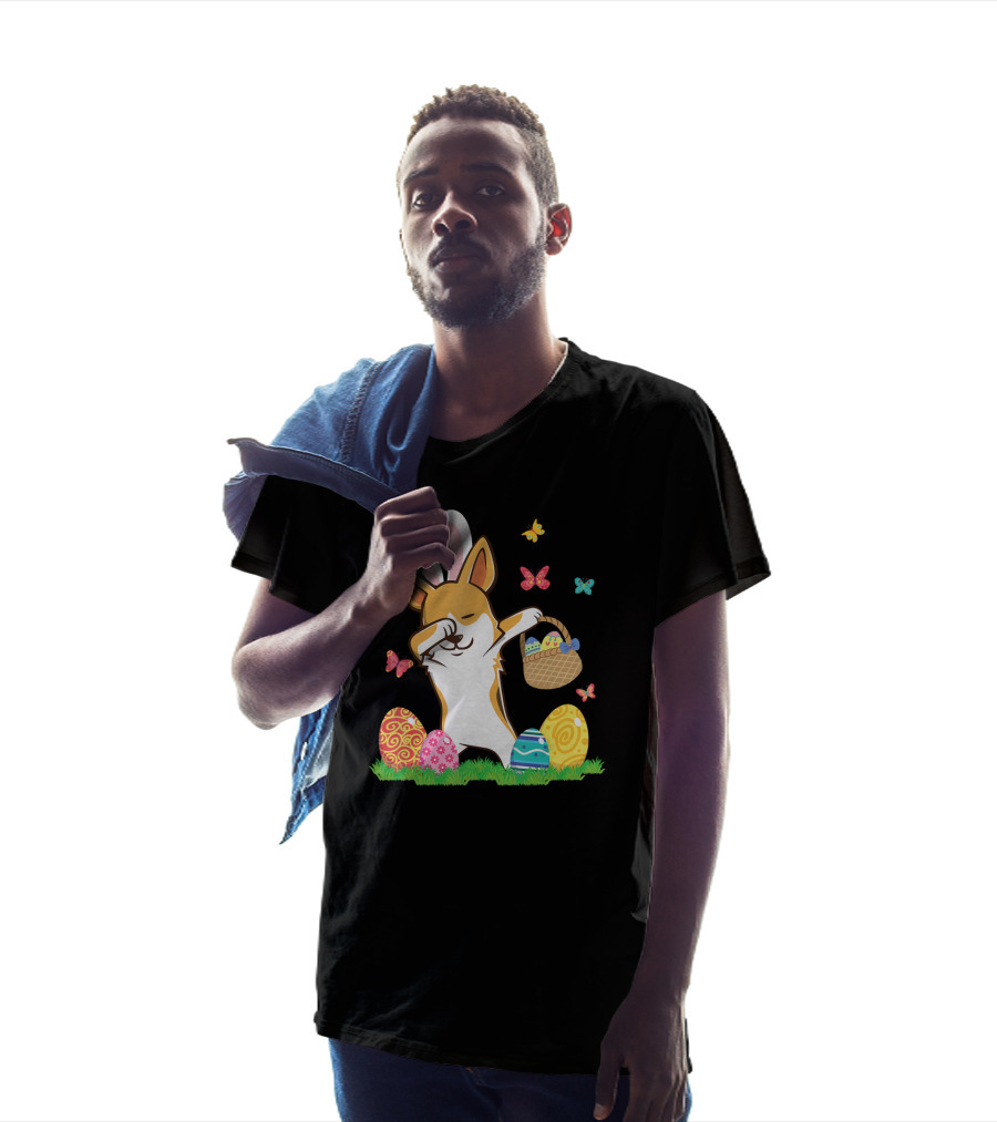 Corgi Bunny Dog Dabbing With Colorful Easter Eggs And Butterflies T-Shirt