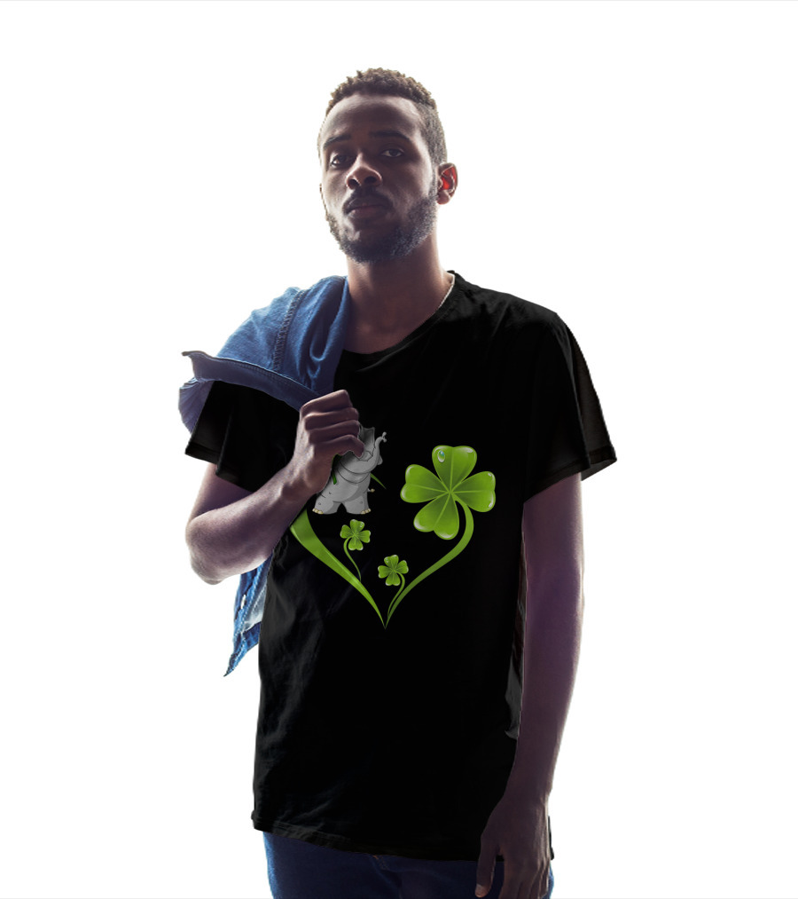 Elephant With Shamrock Heart And Clover Leaves T-Shirt