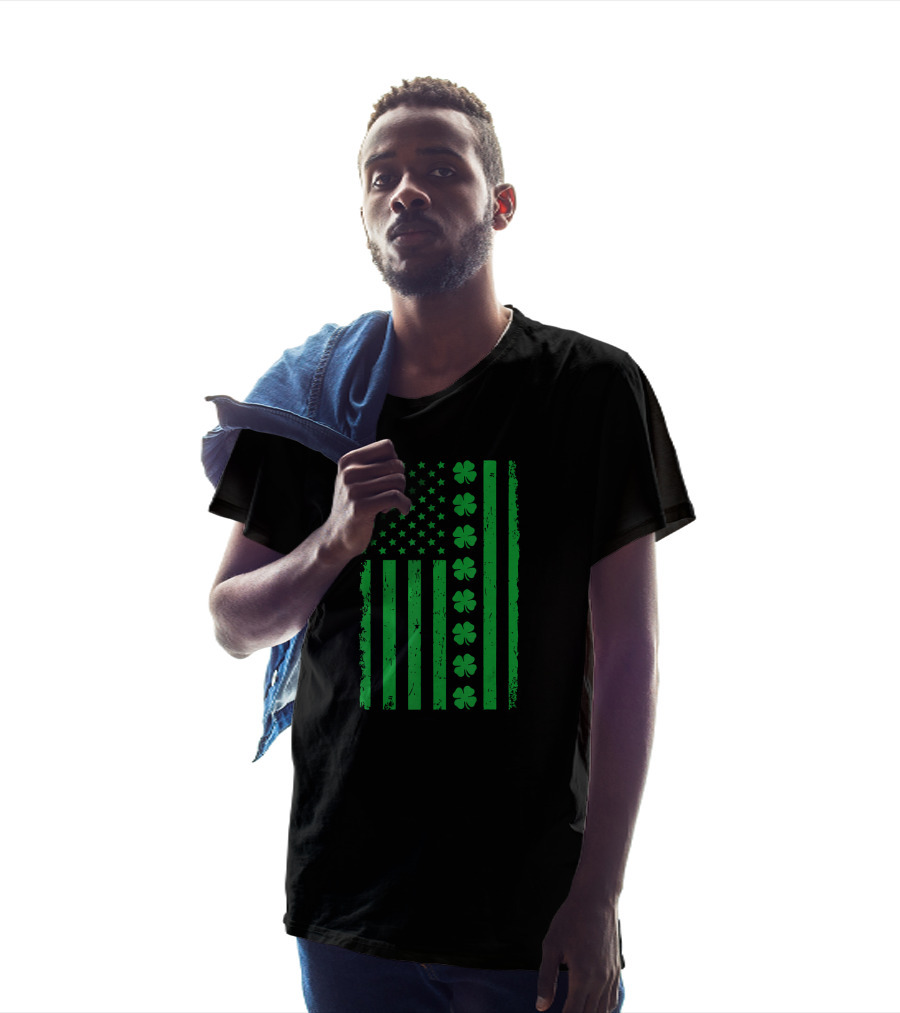 St Patrick Day Green Shamrock Irish American Flag T-Shirt