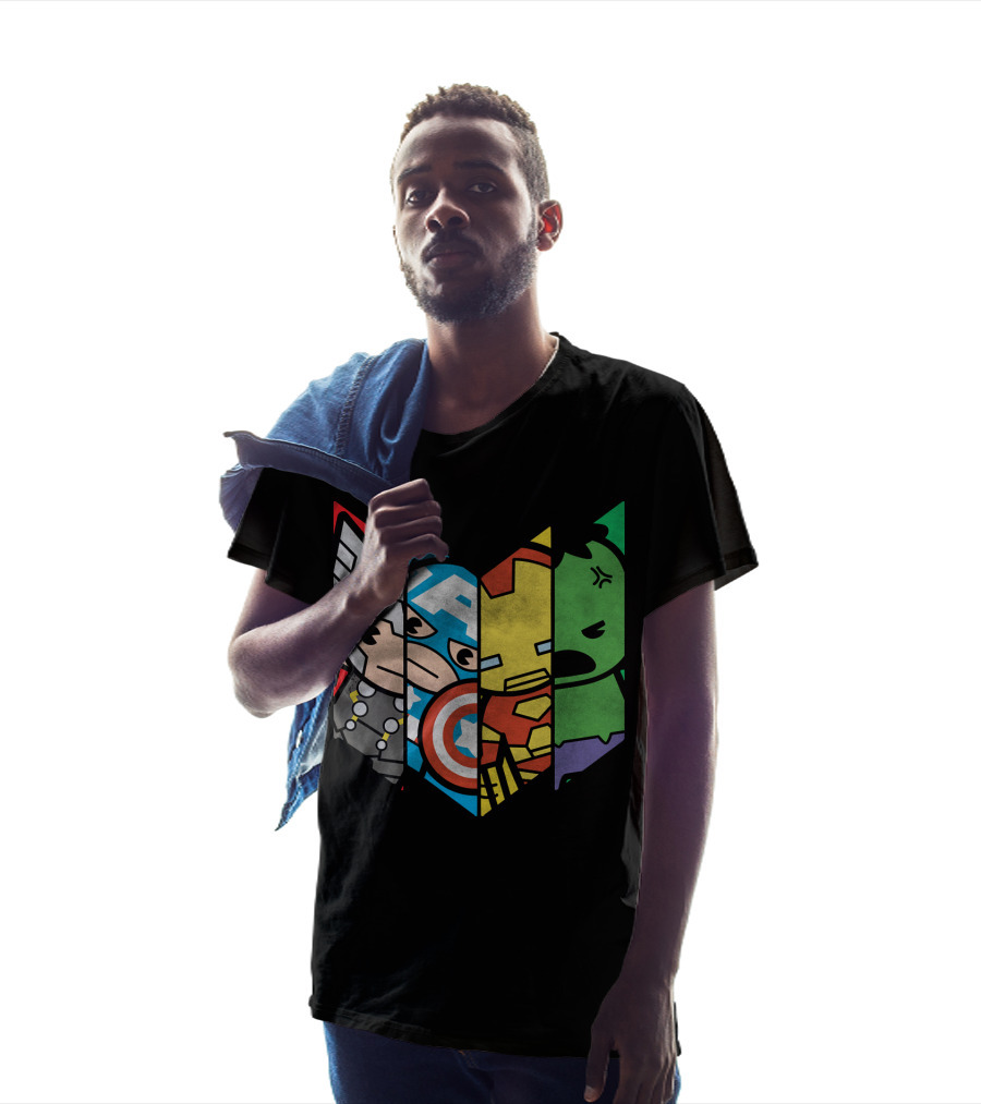 Marvel Avengers Cartoon Thor Captain America Iron Man Hulk Shield T-Shirt