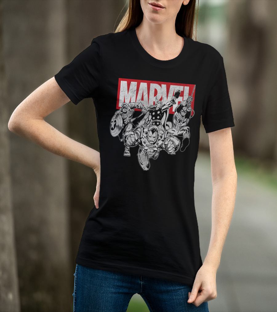 Marvel Avengers Captain America Thor Spider-Man Iron Man Grayscale T-Shirt