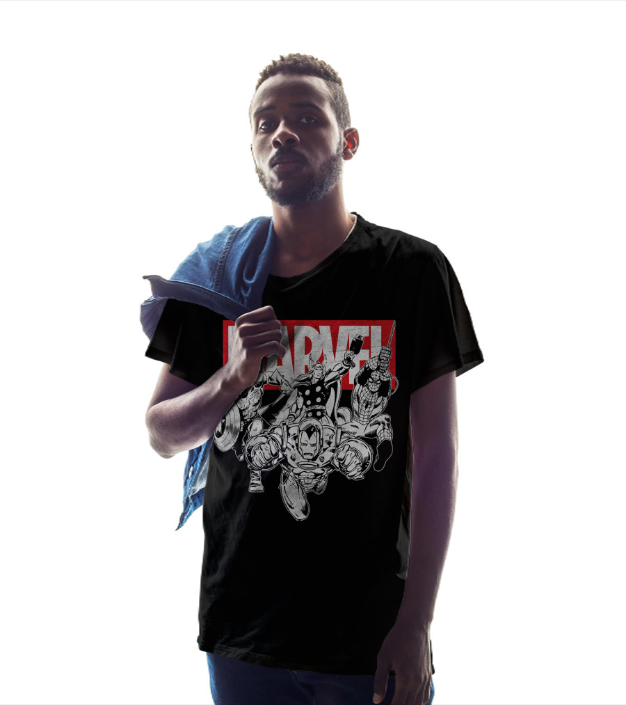 Marvel Avengers Captain America Thor Spider-Man Iron Man Grayscale T-Shirt