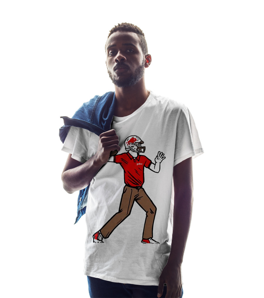 Jake From Buffalo Football Player Throwing Pass Brown Pants Red Shirt Helmet T-Shirt