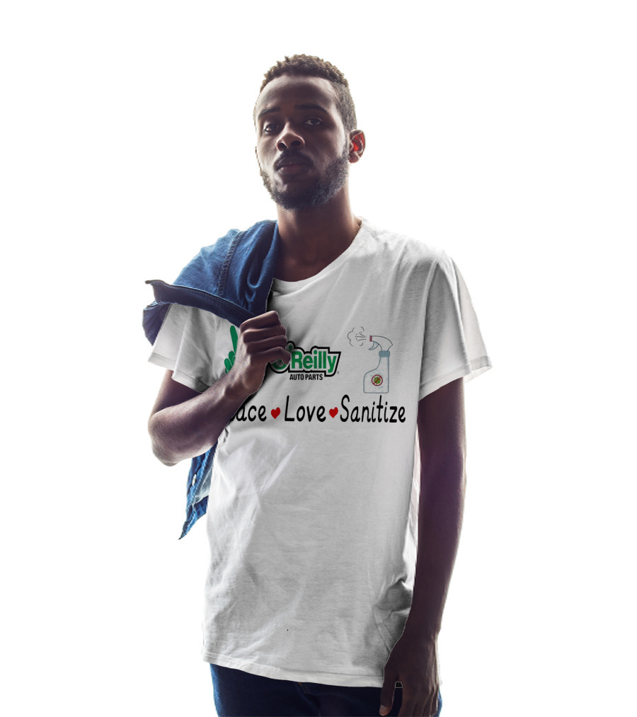 O'Reilly Auto Parts Peace Love Sanitize Peace Sign And Spray Bottle T-Shirt